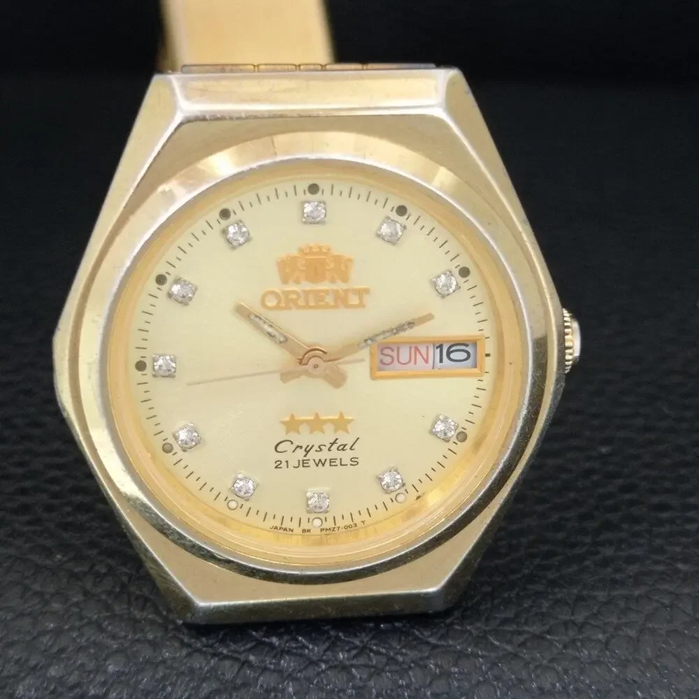 Vintage 1976 Orient Automatic Mens Gold Watch W/daydate & Diamond accents
